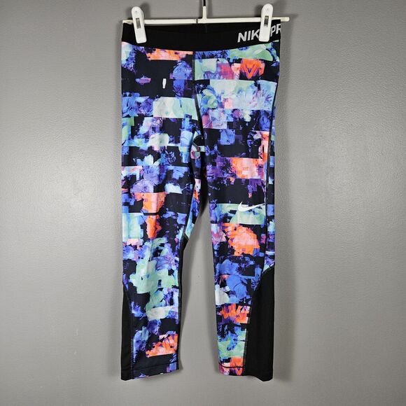 Women's Nike Pro Running Multicolor Floral Cropped Leggings Sz Medium - Picture 1 of 7